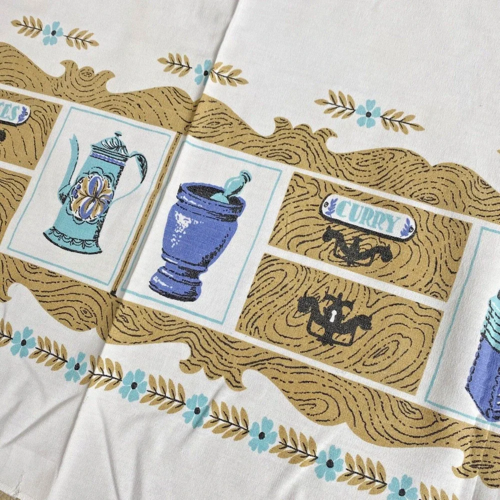 Vintage Mid Century Cotton Tablecloth Colonial Motif Blue & Tan 40
